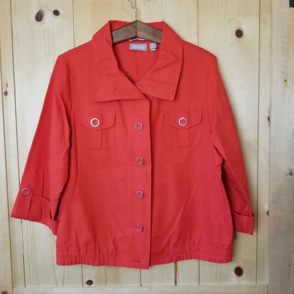 Chico's Roll Tab Sleeve Semi Gathered Bomber Style Button Front Collared Jacket